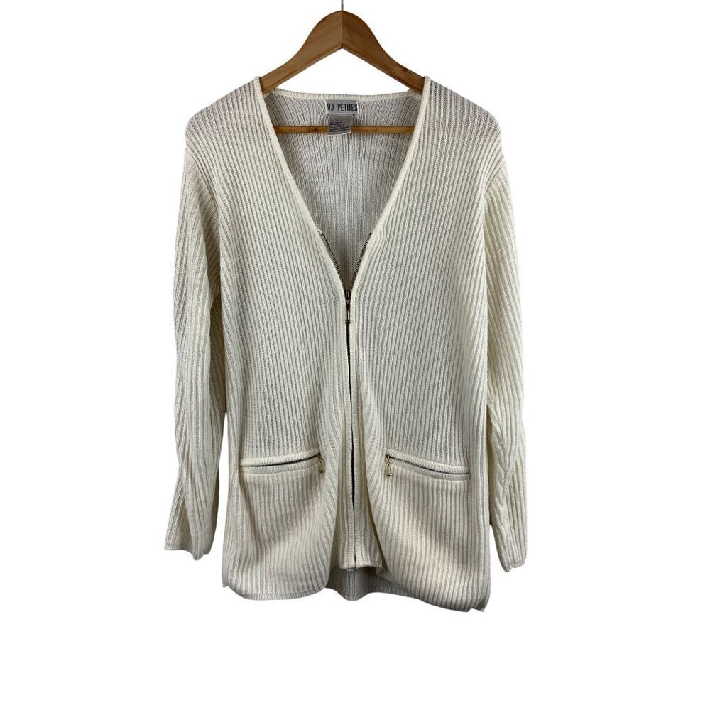 VJ Petites Womens Acrylic Ribbed Zip Cardigan Sweater With Pockets Small Made In